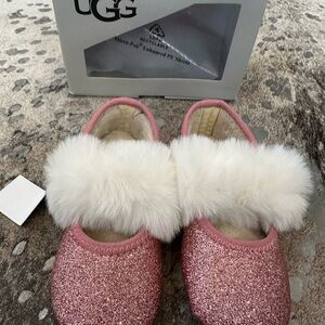 UGG Pink and White Slippers with Fur Trim